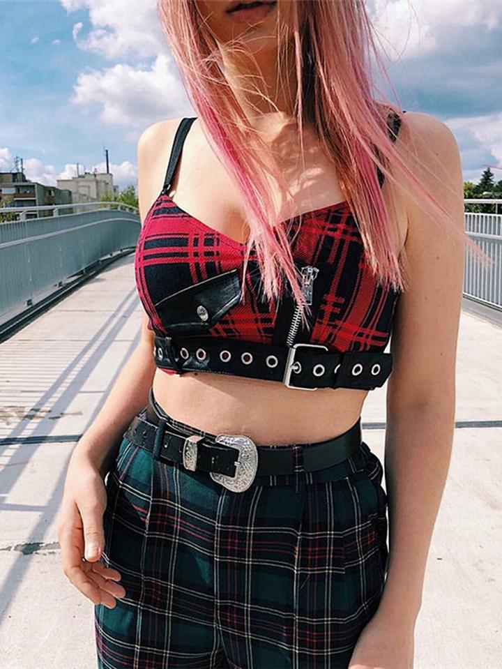 Choies Red Plaid Cotton V-neck Buckle Strap Women Crop Cami Top