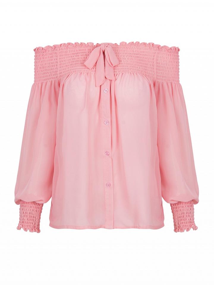 Choies Pink Off The Shoulder Sheer Long Sleeve Shirred Top