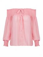 Choies Pink Off The Shoulder Sheer Long Sleeve Shirred Top