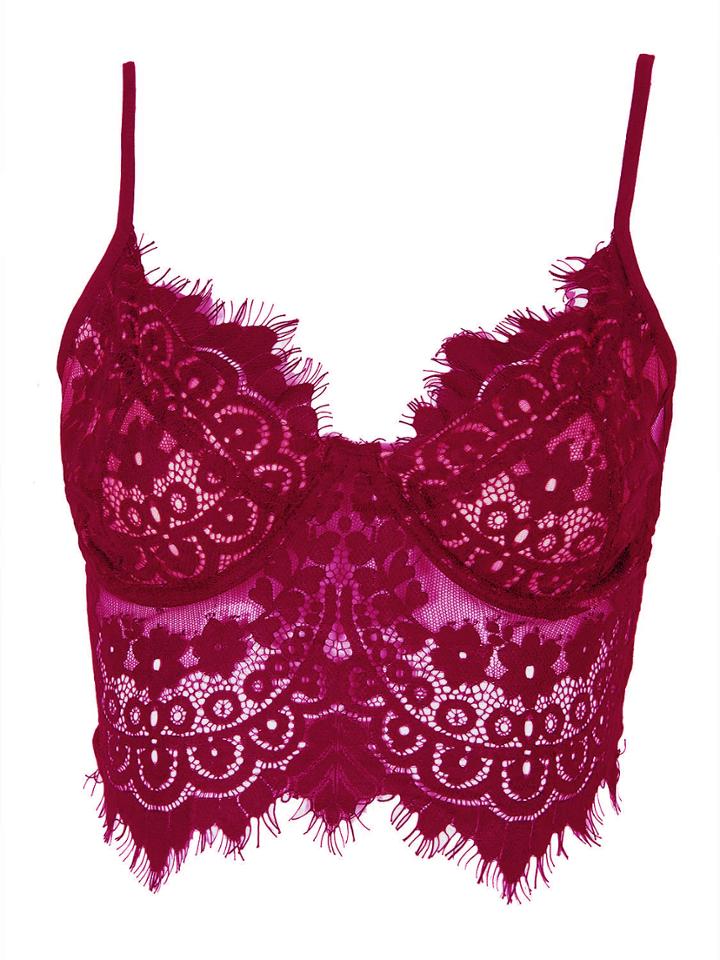 Choies Bordeaux Sheer Eyelash Lace Spaghetti Strap Crop Cami