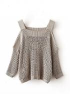 Choies Gray Cold Shoulder Pointelle Stitch Knit Sweater