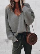 Choies Dark Gray V-neck Long Sleeve Women Knit Sweater