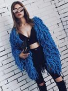 Choies Blue Tassel Open Front Faux Fur Coat