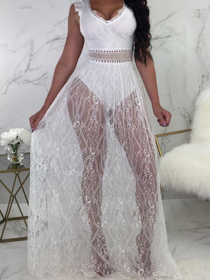 Choies White V-neck Open Back Sleeveless Chic Women Sheer Lace Maxi Dress