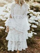 Choies White Layered Ruffle Hem Flare Sleeve Women Lace Maxi Dress