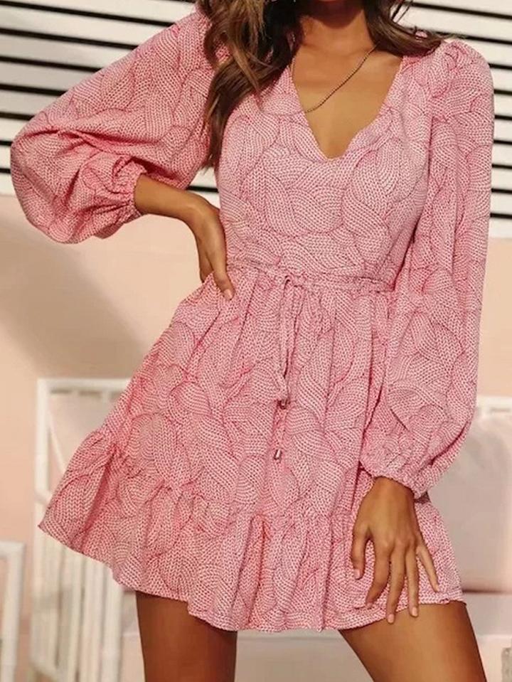 Choies Pink V-neck Leaf Print Puff Sleeve Chic Women Mini Dress