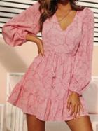 Choies Pink V-neck Leaf Print Puff Sleeve Chic Women Mini Dress