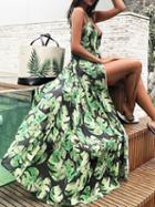 Choies Green Spaghetti Strap V-neck Bow Front Floral Print Maxi Dress