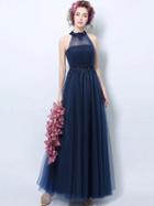 Choies Navy Blue Beaded Halter Mesh Sleeveless Maxi Prom Dress