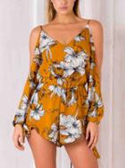 Choies Orange V-neck Floral Split Sleeve Strap Romper Playsuit