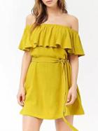Choies Yellow Off Shoulder Tie Waist Ruffle Trim Mini Dress