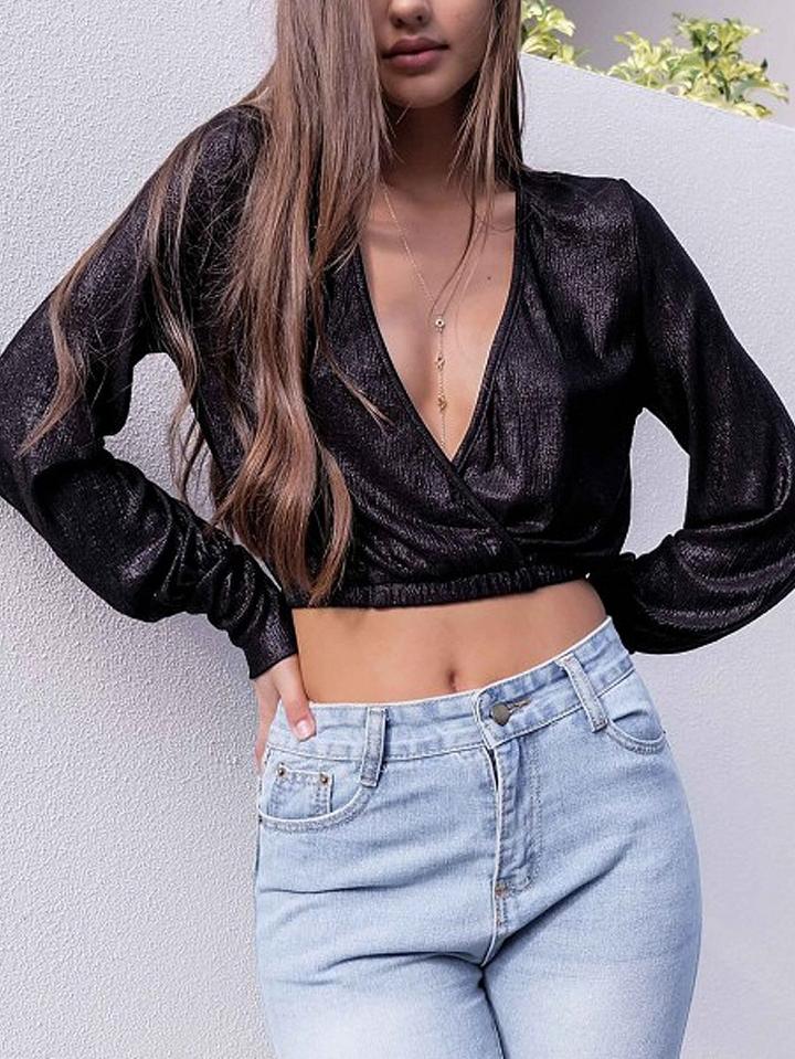 Choies Black Plunge V-neck Sparkle Long Sleeve Cropped Blouse