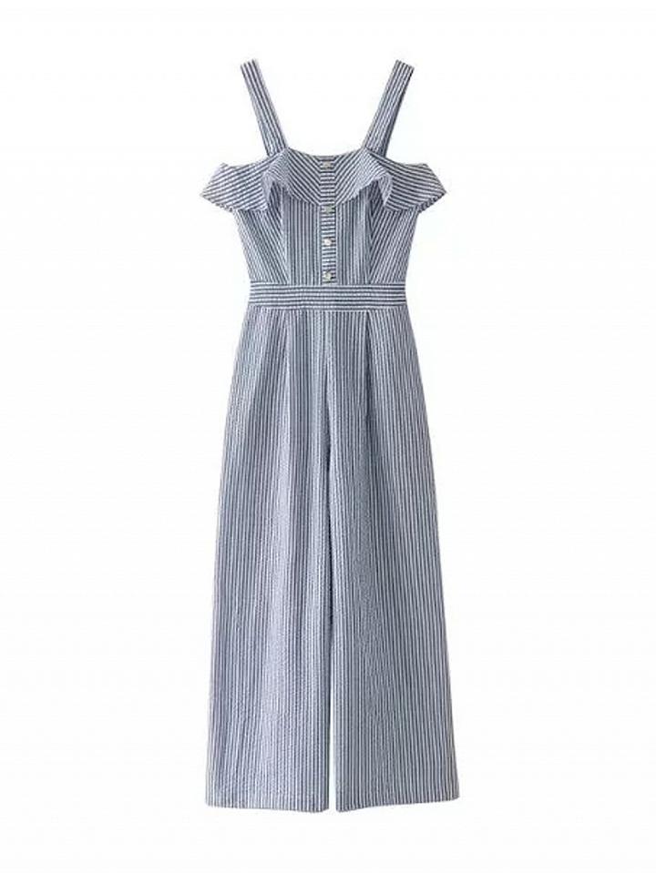 Choies Blue Stripe Ruffle Button Front Shoulder Strap Jumpsuit