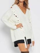 Choies White V-neck Lace Up Side Cable Knit Sweater