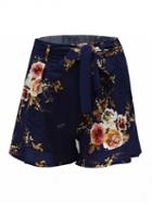 Choies Navy Blue Floral Print Tie Waist Frill Hem Shorts