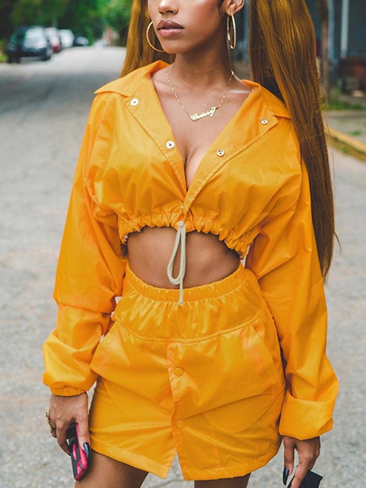 Choies Yellow Drawstring Detail Button Front Long Sleeve Cropped Coat
