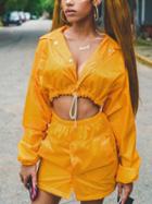 Choies Yellow Drawstring Detail Button Front Long Sleeve Cropped Coat