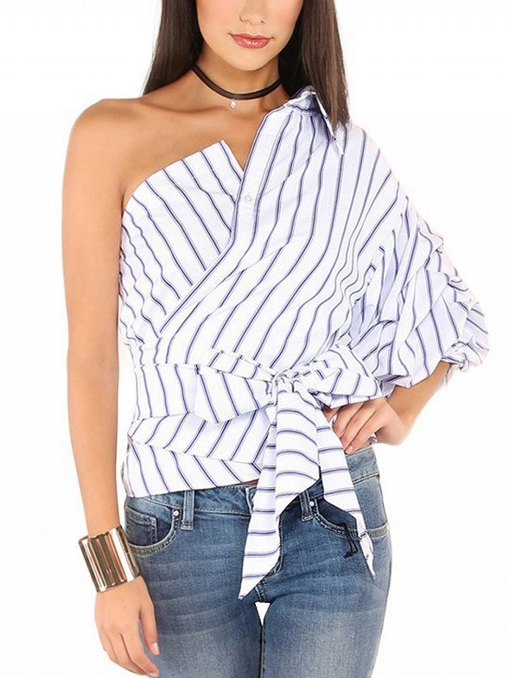 Choies Blue Stripe One Shoulder Tie Front Asymmetric Shirt