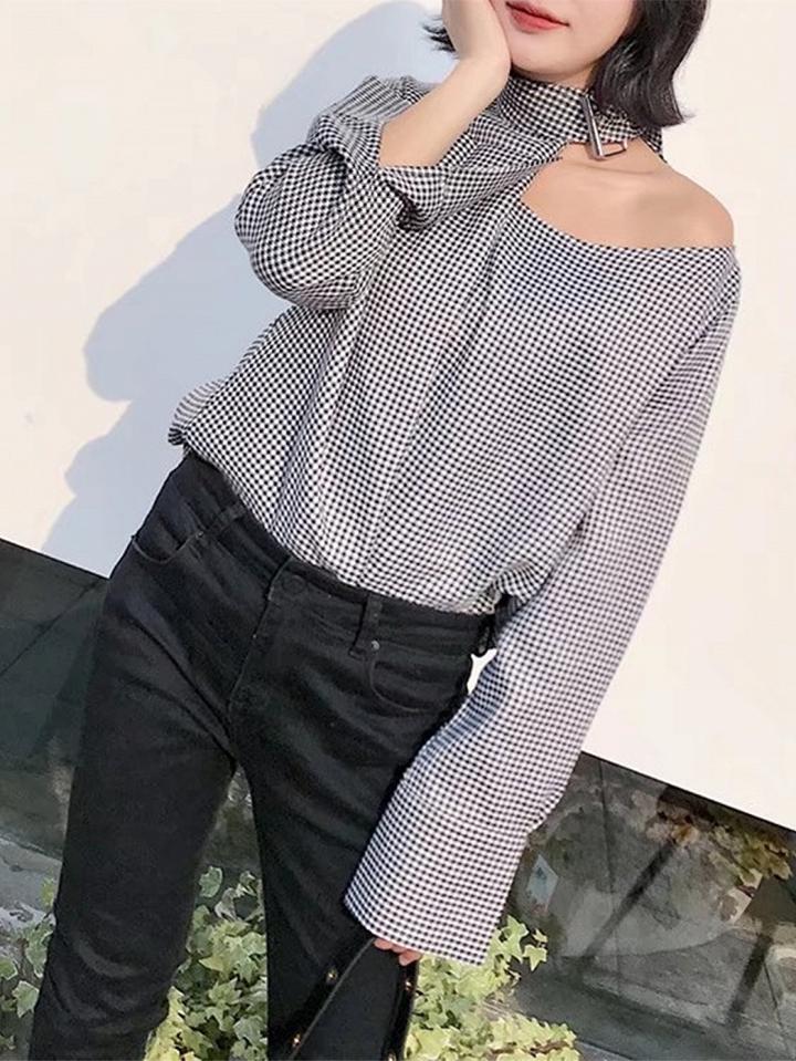 Choies Black Houndstooth Buckle Neck Long Sleeve Blouse