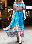 Choies Blue Off Shoulder Tribal Print Hi-lo Maxi Dress