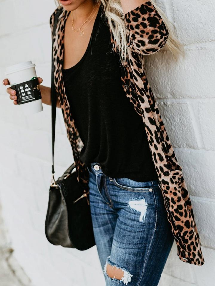 Choies Brown Velvet Leopard Print Button Placket Front Long Sleeve Cardigan