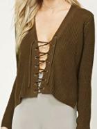 Choies Green Plunge Eyelet Lace Up Long Sleeve Chic Women Knit Sweater