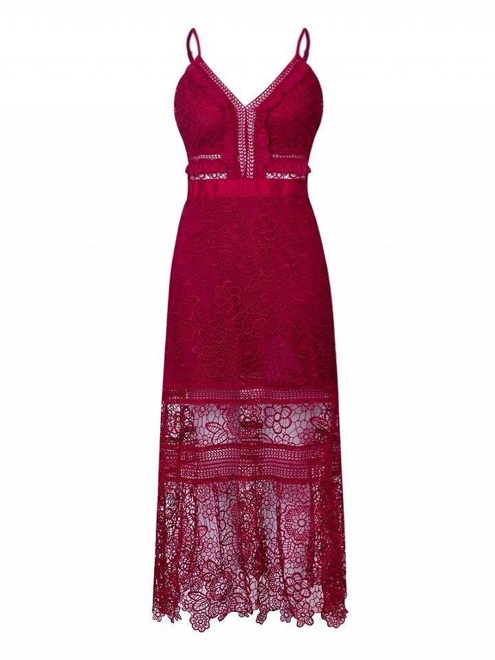 Choies Red V-neck Low Back Floral Lace Midi Dress