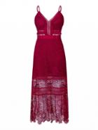 Choies Red V-neck Low Back Floral Lace Midi Dress