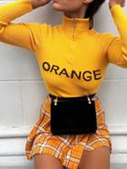 Choies Yellow Ribbed High Neck Letter Print Long Sleeve Women Sweatshirt