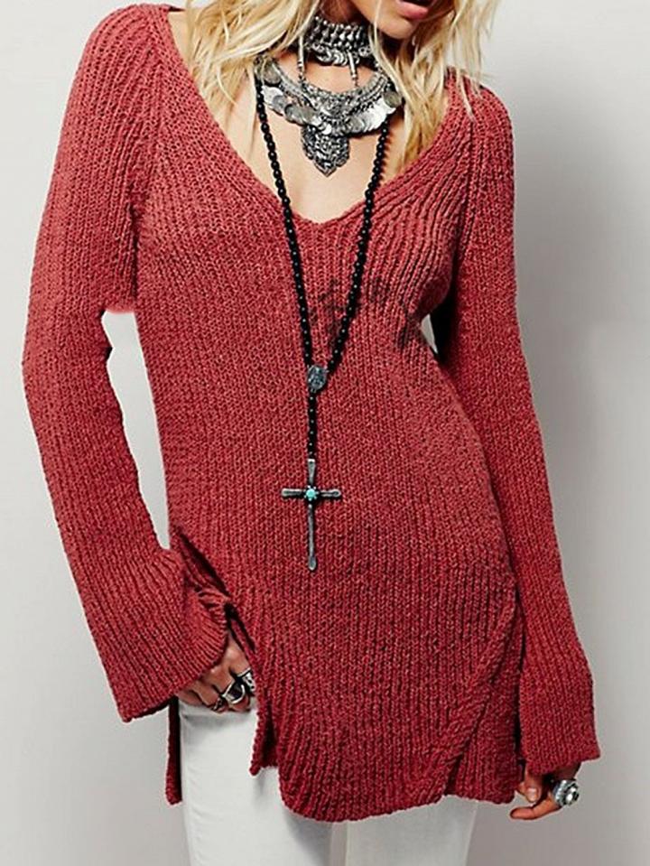 Choies Red V-neck Open Back Long Sleeve Chic Women Knit Sweater