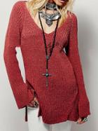 Choies Red V-neck Open Back Long Sleeve Chic Women Knit Sweater