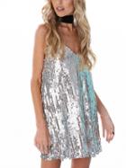 Choies Silver Spaghetti Strap V-neck Sequin Detail Mini Dress