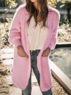 Choies Pink Open Front Long Sleeve Women Fluffy Cardigan