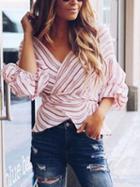Choies Red Stripe V-neck Tie Waist Back Puff Sleeve Blouse