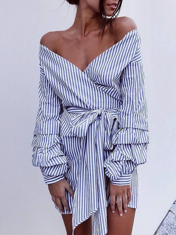 Choies Gray Stripe V-neck Tie Waist Layered Long Sleeve Mini Dress