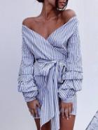 Choies Gray Stripe V-neck Tie Waist Layered Long Sleeve Mini Dress