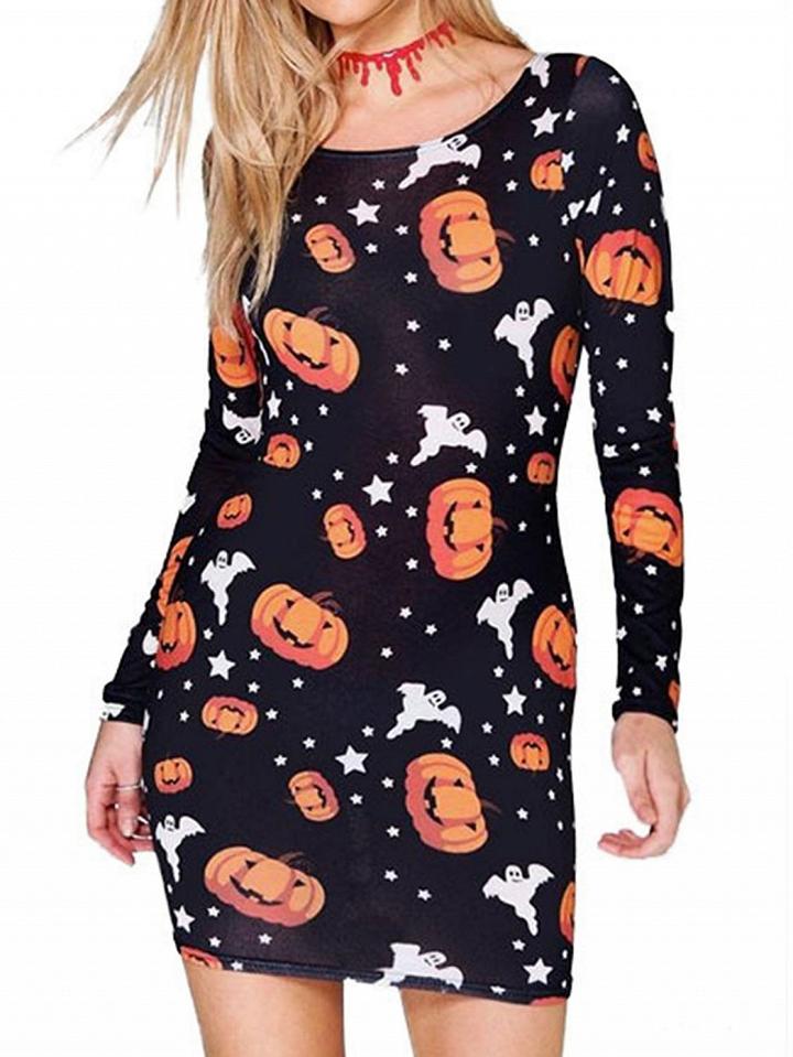 Choies Black Pumpkin Print Long Sleeve Chic Women Halloween Bodycon Dress