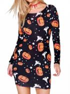 Choies Black Pumpkin Print Long Sleeve Chic Women Halloween Bodycon Dress