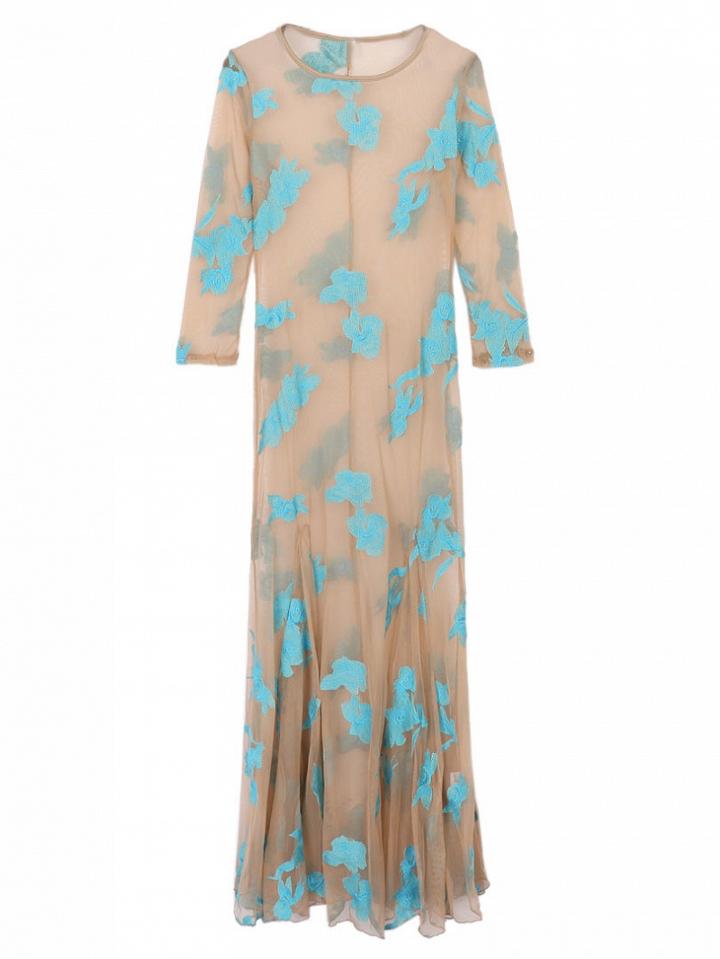 Choies Sky Blue Embroidery 3/4 Sleeve Sheer Maxi Beach Dress