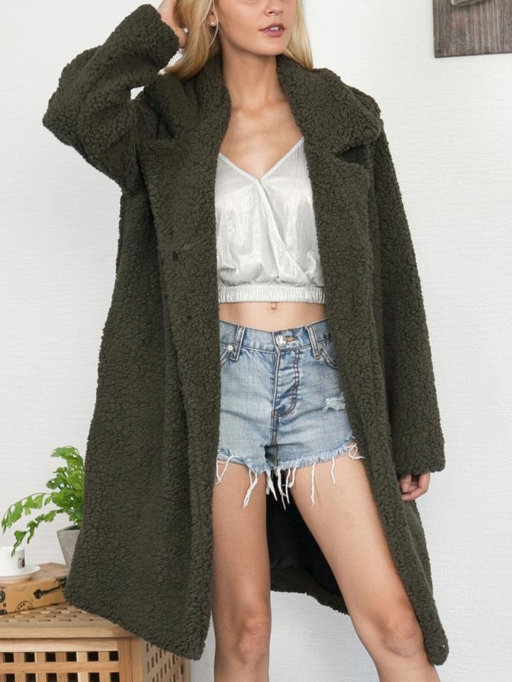 Choies Army Green Lapel Faux Shearling Long Sleeve Longline Coat