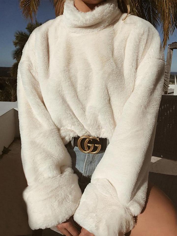 Choies White Cotton Blend High Neck Long Sleeve Chic Women Sweatshirt