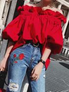 Choies Red Cotton Blend Off Shoulder Puff Sleeve Chic Women Blouse