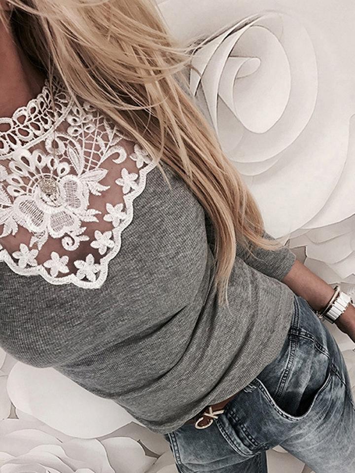 Choies Gray Lace Panel Long Sleeve Blouse