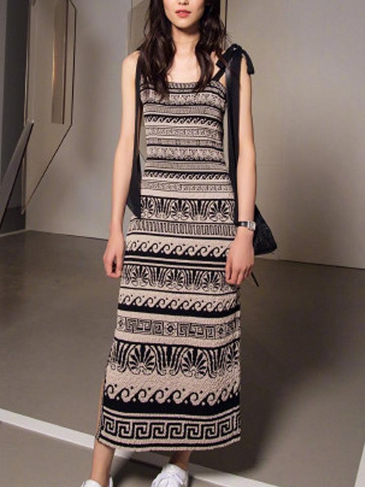 Choies Monochrome Tribal Print Split Shoulder Strap Maxi Knitted Dress