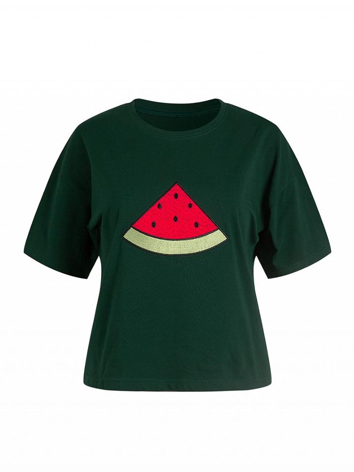 Choies Green Watermelon Embroidery Short Sleeve T-shirt