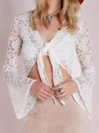 Choies White V-neck Knot Front Flare Sleeve Lace Crop Top