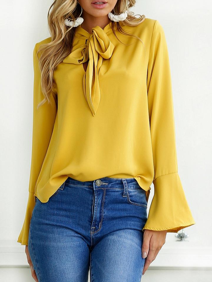 Choies Yellow Tie Neck Bell Cuff Long Sleeve Shirt