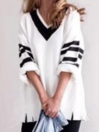 Choies White V-neck Stripe Panel Tassel Trim Chic Women Knit Sweater
