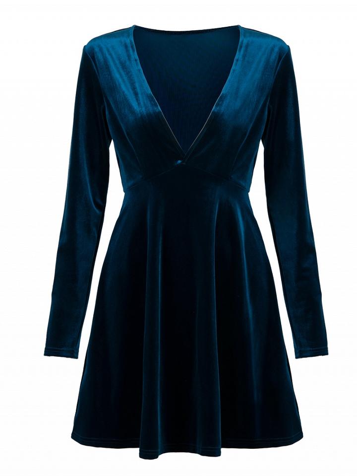 Choies Blue Plunge V-neck Long Sleeve Velvet Skater Dress