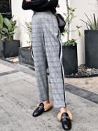 Choies Gray Plaid Elastic Waist Contrast Stripe Pants